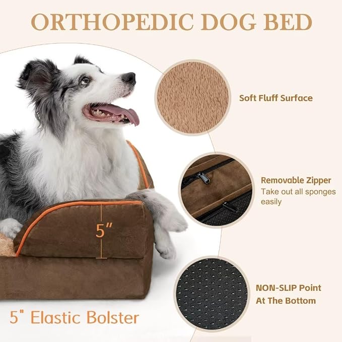 Comfort Expression Orthopedic Dog Bed for Extra Large Dogs 42x30 Inch, Waterproof Supportive Memory Foam XL Pet Bed with Removable Bolster, Dog Couch with Washable Cover & Non-Slip Bottom, Khaki Brown