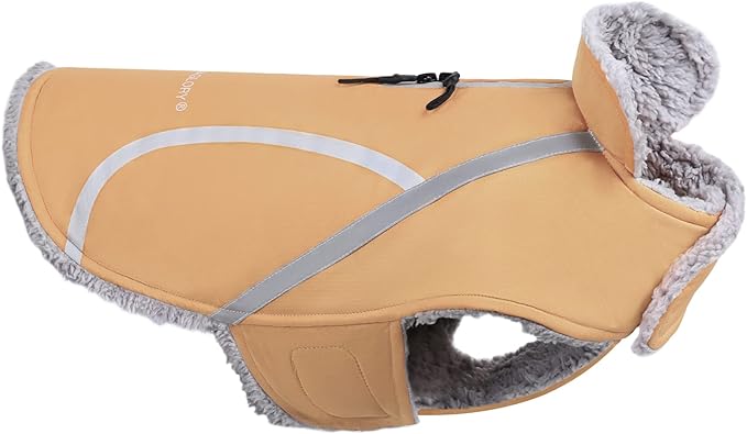 VIVAGLORY Frostfit Dog Coat, Dog Jacket for Winter & Cold Weather, Warm Fluffy Fleece Lined Water Resistant Reflective for Puppy, Coat with Velcro Fastening & Leash Hole, XS, Khaki