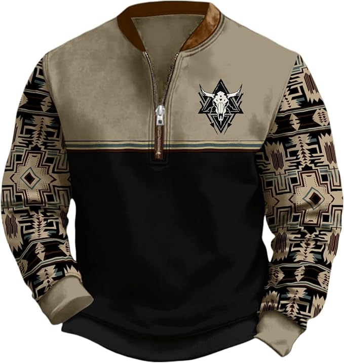 HOTYD Aztec Cowboy Jacket Men Vintage Bullhorn Printed Oversized Western Sweatshirt Long Sleeve Quarter Zip Pullover