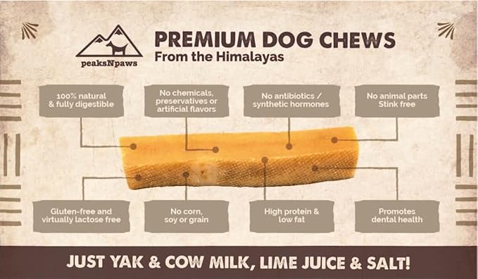 peaksNpaws Himalayan Dog Chew, Yak Cheese Dogs Treats, High Protein, Long Lasting Chews, Natural, Lactose Free Dogs Treat for Aggressive Chewers Over 80 lbs, 10 Jumbo Treats