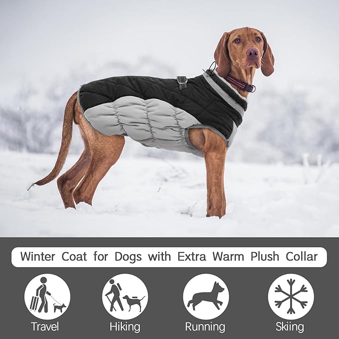 FUAMEY Dog Coat for Large Dogs,Waterproof Dog Winter Jacket with Harness Built in Puppy Cold Weather Coats Reflective Pet Vest with Zipper Warm Fleece Dogs Snowsuit Windproof Black XXXL