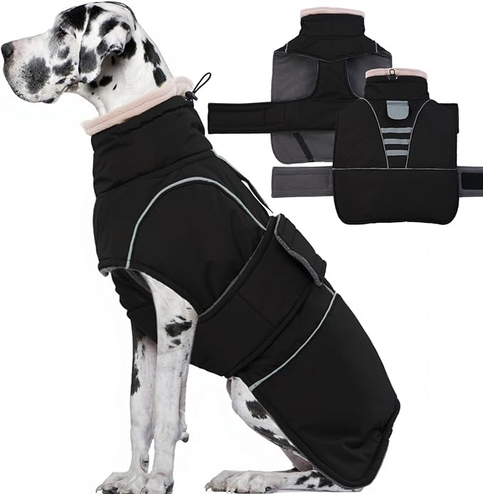Dog Winter Coat for Small to Large Dogs(XS-XXXL)– Waterproof Windproof Fleece Lined Jacket with Reflective Trim,Pet Vest with Adjustable Buckles, Machine Washable Black 3XL