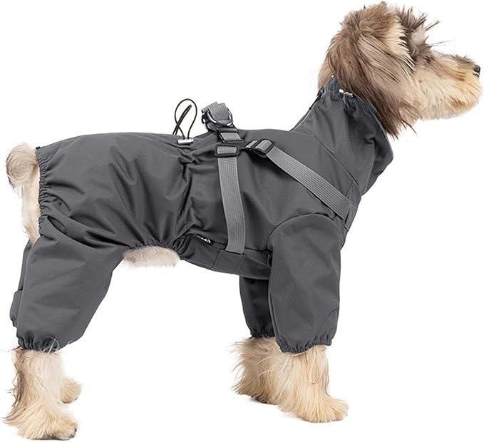 BRKURLEG Dog Raincoat with Harness for Small Dogs, Adjustable Waterproof Dog Rain Jacket, Reflective Rainproof Puppy 4 Legs Raincoat, Full Body Pet Rain Jacket, Dark Grey, L