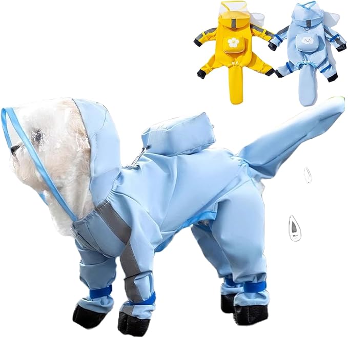 Small Dog Raincoat with Legs, Ideal for Teddy Bears, Waterproof Full Coverage with Mini Backpack, Reflective Hoodie and Detachable Tail (Blue, Large(Suggest Weight 8.8-13.2lb))