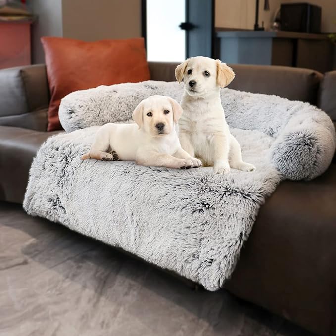 Calming Dogs/Cats Bed Mats, Dog Pad Washable Removable Couch Cover, Plush Long Fur Mat for Pets, Waterproof Lining, Perfect for Small, Medium and Large Dogs and Cats (Gradient Gray, 36"x31")