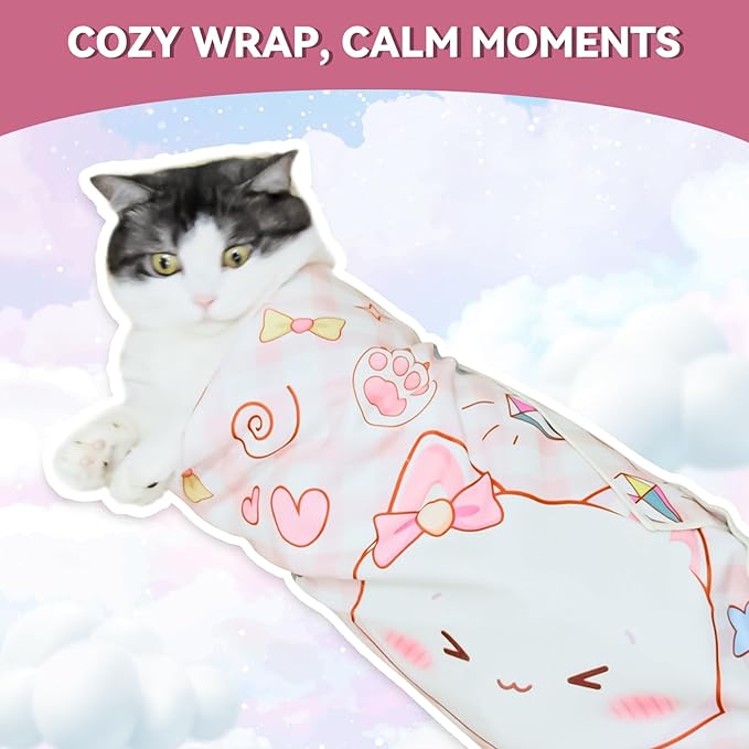 Cat Grooming Wrap for Cutting Nails, 27.6" Anti-Escape Calming Cat Swaddle Wrap for Medicine, Nail Clipping, Teeth Brushing, Ear Cleaning, Self-Adherent Burrito Restraint, (Happy Kitty, L)