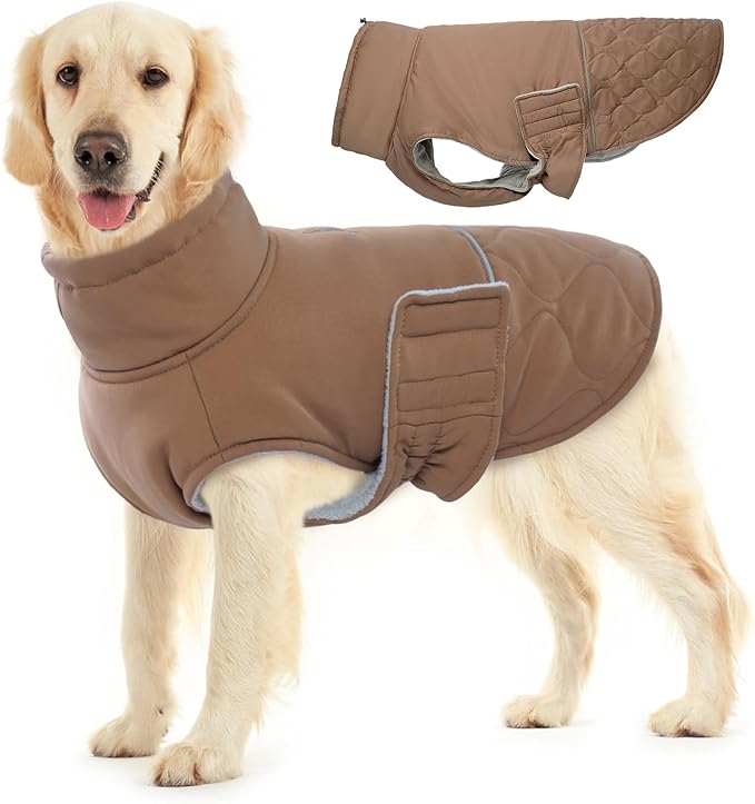 BRKURLEG Dog Winter Coat, Warm Dog Jackets for Small and Medium Large Dogs, Reflective Adjustable Pet Cold Weather Coats, Waterproof Windproof Dogs Snow Jacket Clothes Warm Vest (XXL, Khaki)
