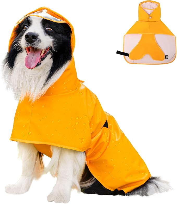 Dog Raincoat, Waterproof Windproof Dog Rain Jacket with Hood, Rain Coat with Leash Hole, Adjustable Raincoat Poncho for Small Medium Large Dogs Outdoor (Yellow, Medium)