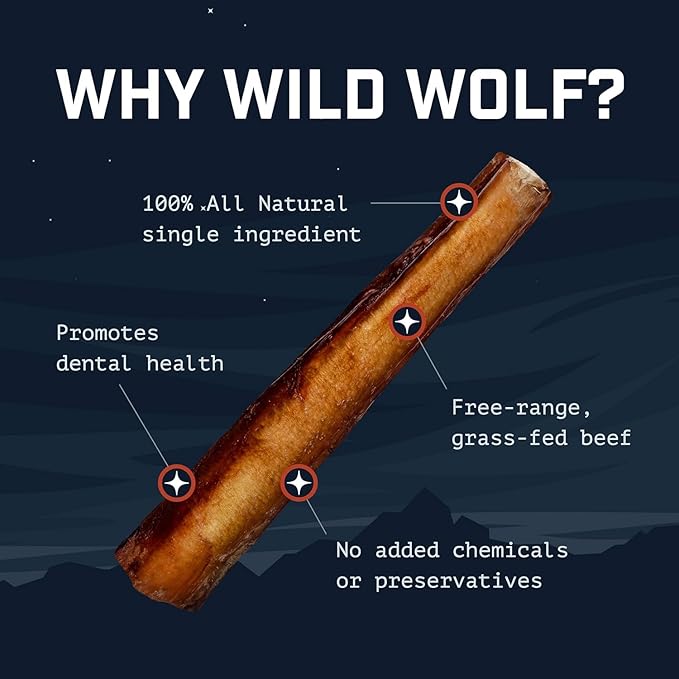 Wild Wolf 6-inch Angus Bully Sticks (8 Ounces) Healthy, All-Natural, Long-Lasting Dog Chew Bones - Low Odor - Mixed Thickness - Lab-Tested, Hand-Inspected and Packed with Love in The USA