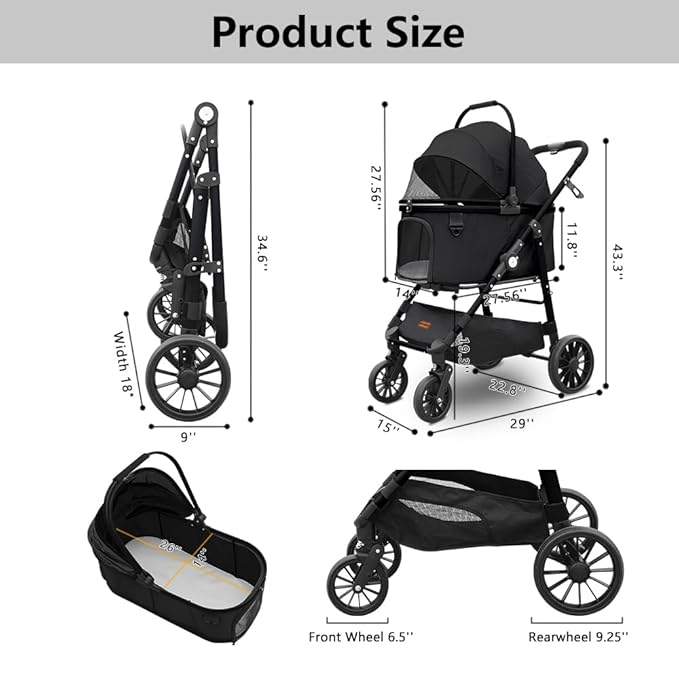 Extra Large Pet Stroller, Jumbo Dog Stroller Fits 3 Small Pets up to 50lbs, Heavy-Duty Stable Strollers with Shock Absorbing Wheels & Locking Brakes, for Walking, Jogging, Vet Visits