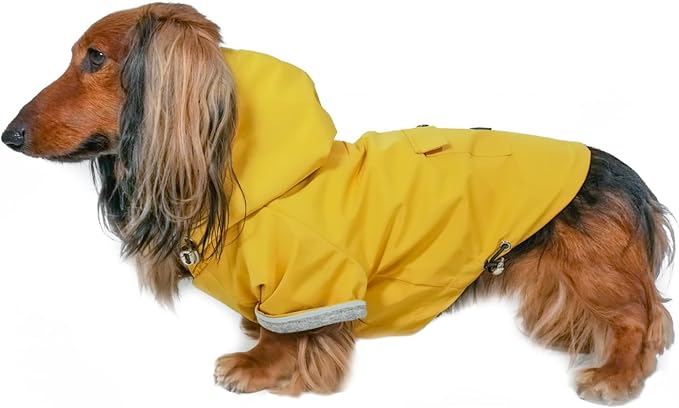 DJANGO Highland Dog Jacket & Raincoat – Water-Repellent, Lined Dog Coat with Hood, Adjustable Fit & Harness Hole – Lightweight Rain & Wind Jacket for Small & Medium Dogs up to 30 lbs (Yellow, Medium)