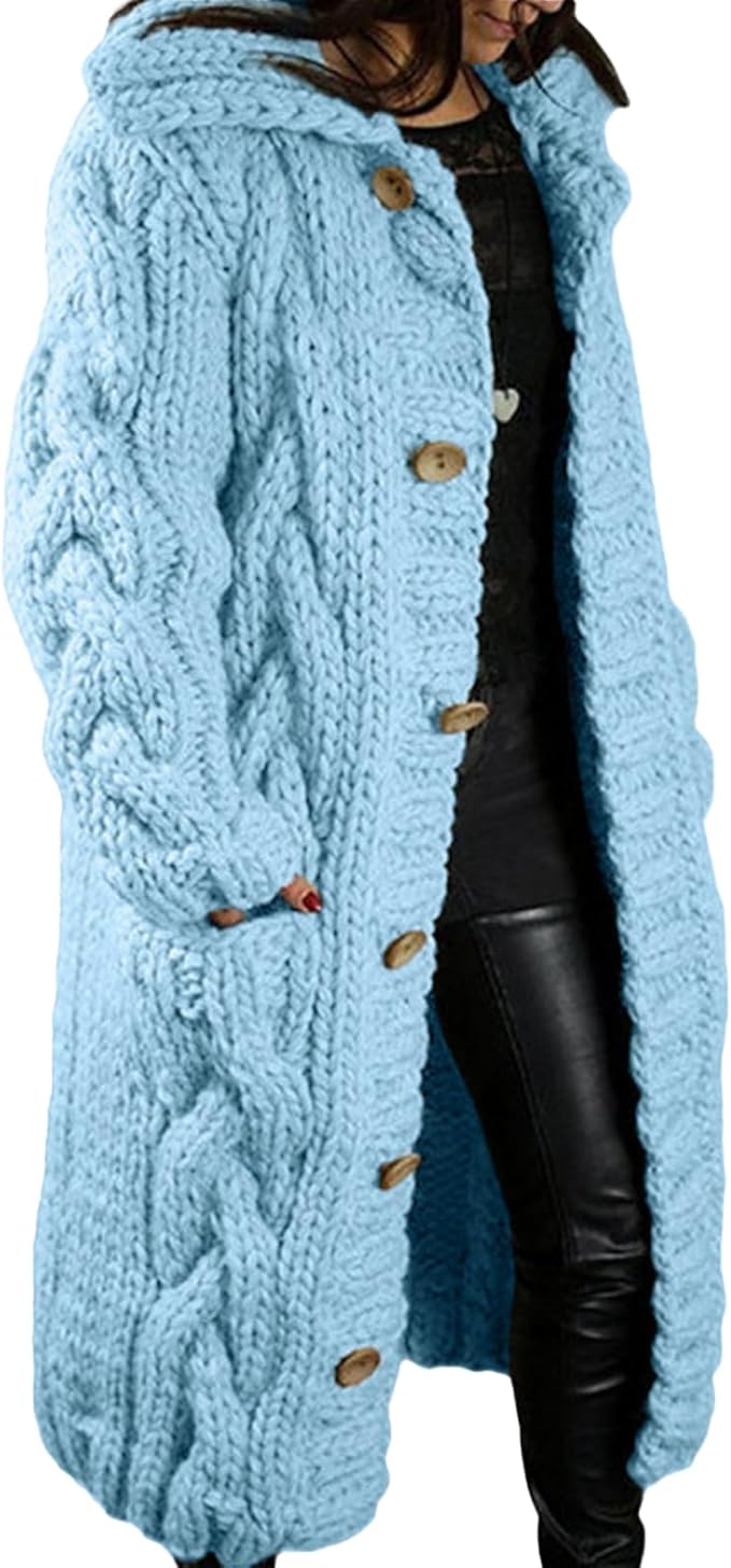 LOAIHA Women Chunky Cable Knit Long Sleeve Cardigan Fall Winter Trendy Oversized Button Down Sweaters Outerwear with Pocket