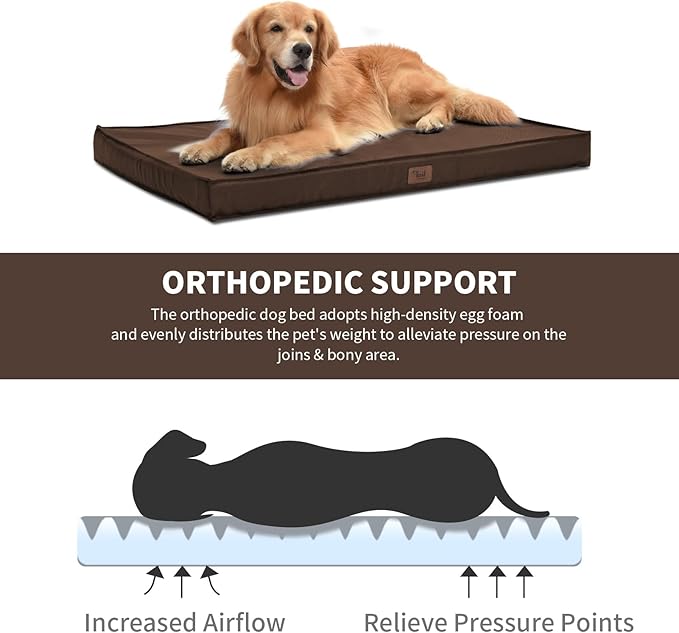 Outdoor Large Washable Dog Bed, Orthopedic Egg Crate Foam Dog Crate Mat for Large Dogs with Removable Oxford Cooling Cover, Brown