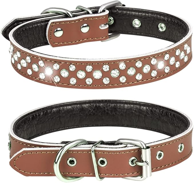Rhinestones Dog Collar, Adjustable Sparkly Crystal Studded Genuine Leather Pet Dog Collar for Small and Medium Dogs (S, Brown)