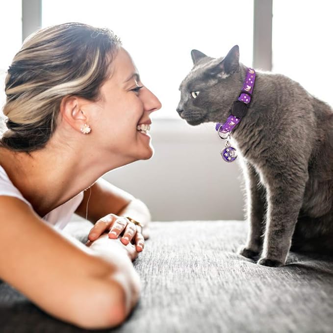 2Pcs Breakaway Cats Collars Cat Collars for Boy & Girl Cats Adjustable Kitten Collars with Bell,Purple+Black,8"-13.1"