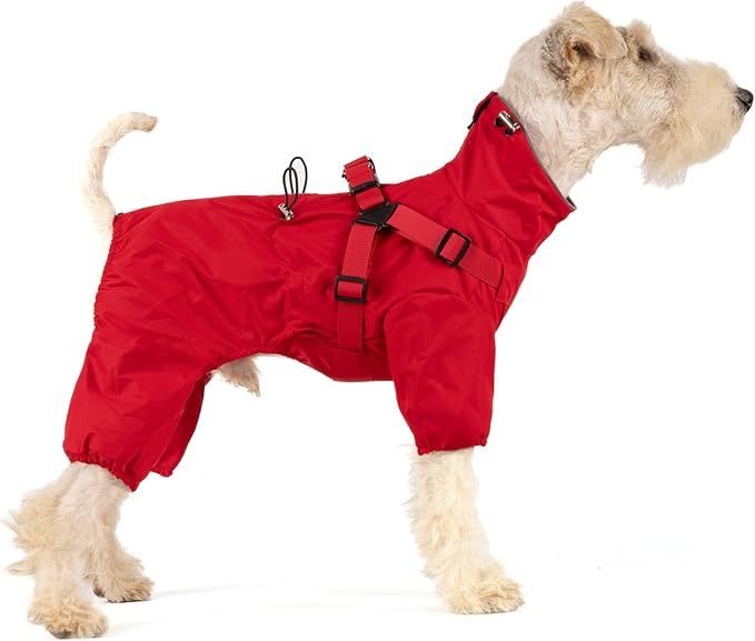 Mile High Life Waterproof Dog Raincoat, Full Coverage Small Dog Rain Coat with Harness, Adjustable 4 Legs Puppy Rain Jacket with Reflective Strip and Elastic Cuffs (Red, L Back Length 16.1")