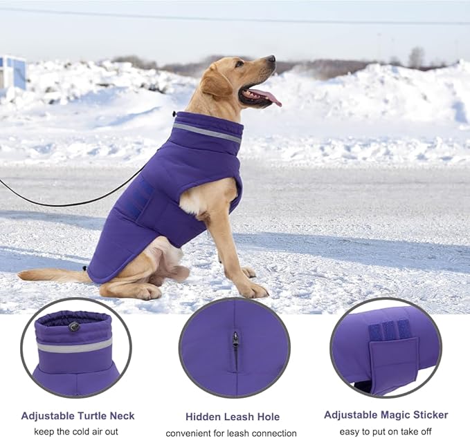 Dog Coat, Waterproof Winter Jacket, Warm Windproof Puffer Jacket, Reflective Adjustable Turtleneck Coats for Small Dogs with Hook & Loop - Purple - S