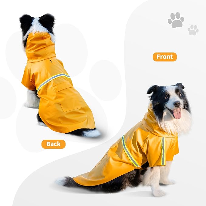 Dog Raincoat, Waterproof Windproof Dog Rain Jacket Adjustable, Rain Coat with Leash Hole, Reflective Strap Raincoat Poncho for Small Medium Large Dogs Outdoor (Reflection-Yellow, Small)