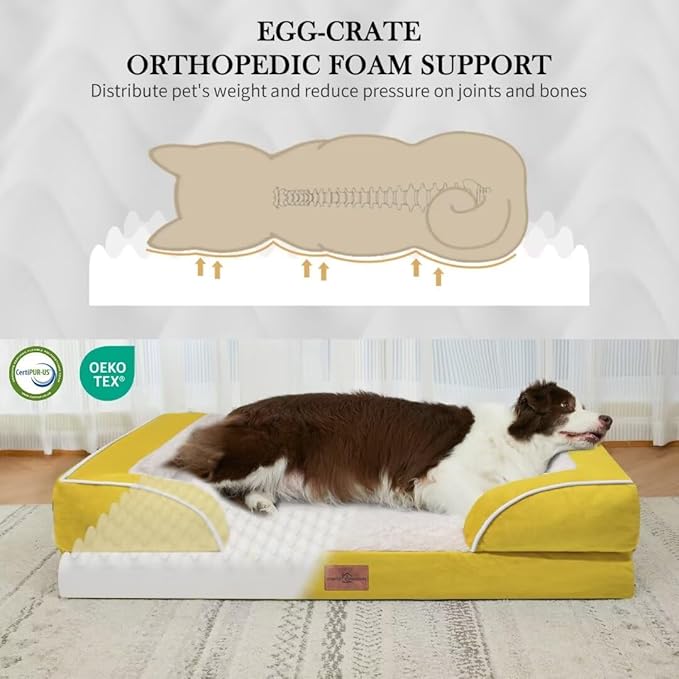 Comfort Expression Orthopedic Dog Bed for Extra Large Dogs 53x42 Inch, Waterproof Egg Crate Foam XXL Pet Bed with Removable Bolsters, Dog Couch with Washable Cover & Non-Slip Bottom, Spicy Mustard