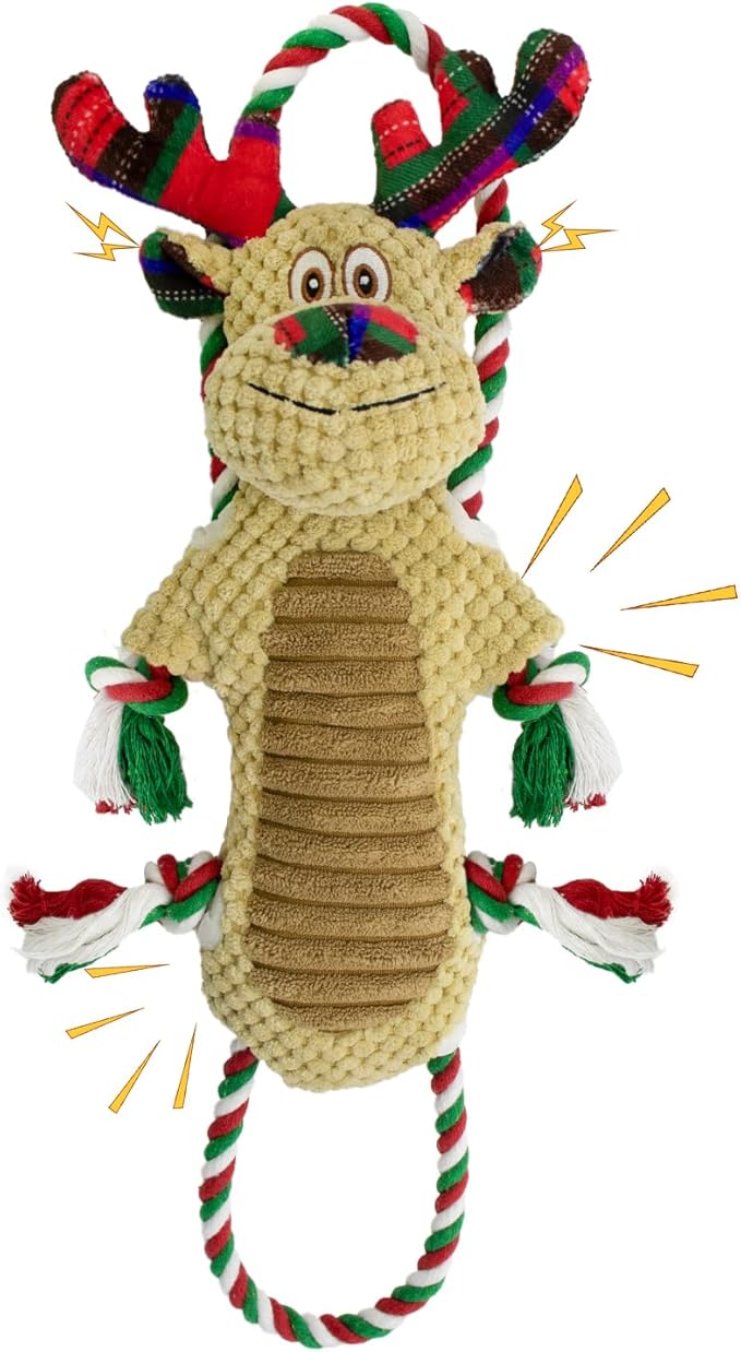 Christmas Squeaky Reindeer Dog Toys- Rope Tug of War Dog Toy for Puppy- Keep Them Busy and Entertained- Chew Toys for Medium & Large Breeds