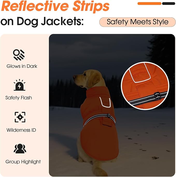 XXXL Dog Coat, Warm Dog Winter Jacket, Waterproof Dogs Snowsuit With Foldable High Collar, Reflective Strips, Leash Hole, And Adjustable Hook & Loop Closure - Ideal For Cold Weather- Orange 3XL