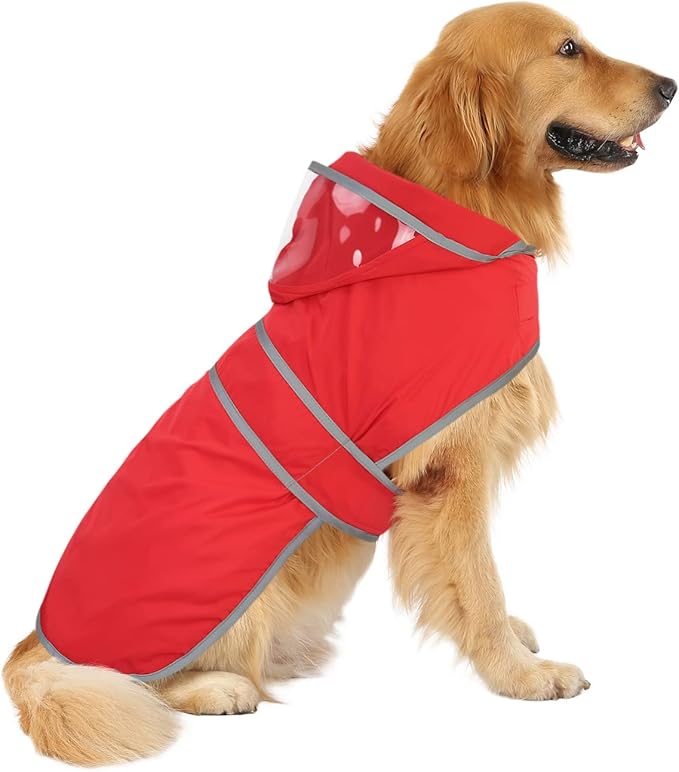HDE Dog Raincoat with Clear Hood Rain Jacket Poncho for Small Medium Large Dogs Red - L