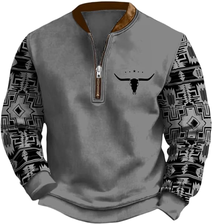 HOTYD Aztec Cowboy Jacket Men Vintage Bullhorn Printed Oversized Western Sweatshirt Long Sleeve Quarter Zip Pullover