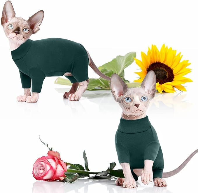 ROZKITCH Hairless Cat Clothes, Breathable Soft Jumpers for Cats Only, Coat with Four Legs, Warm Sweater T-Shirt Pajamas Jumpsuit Vest Cornish Rex Devon Rex Peterbald DarkGreen XL