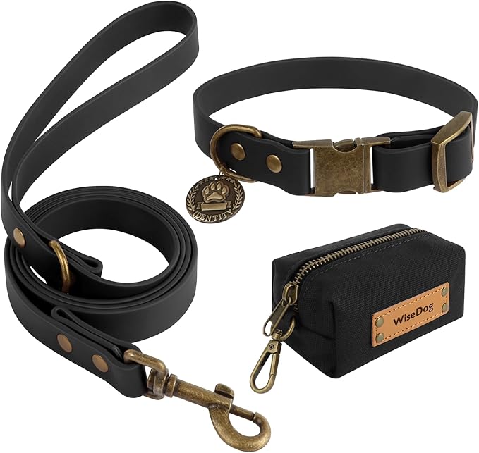 Wisedog Dog Collar and Leash Set, Waterproof Adjustable Puppy Collars with Cute Tag 6FT Dog Leash with Poop Bag for Small Medium Large Dogs (L(Collar:14"-22";Leash:5 ft), Black)