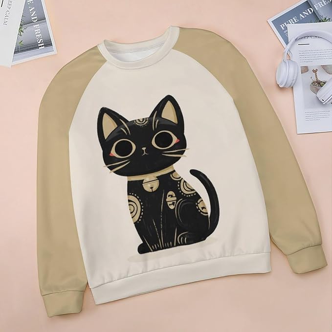 Abstract Cute Cat Shirts for Women Long Sleeve Lady Crewneck Pullover Sweatshirt Fall Winter Oversized Tops