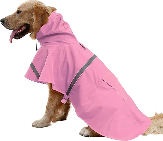 Mikayoo Large Dog Raincoat Adjustable Pet Waterproof Clothes Lightweight Rain Jacket Poncho Hoodies with Strip Reflective(Pink,L)