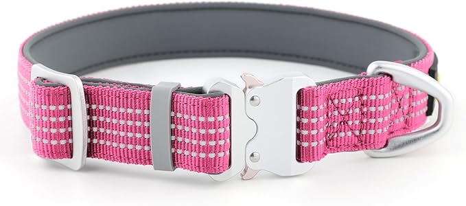 Plutus Pet Reflective Dog Collar with Aviation Aluminum Buckle, Neoprene Padded for Comfort, Lightweight, Heavy Duty Nylon Collar for Puppy Small Medium Large Dogs (Pink, XL)