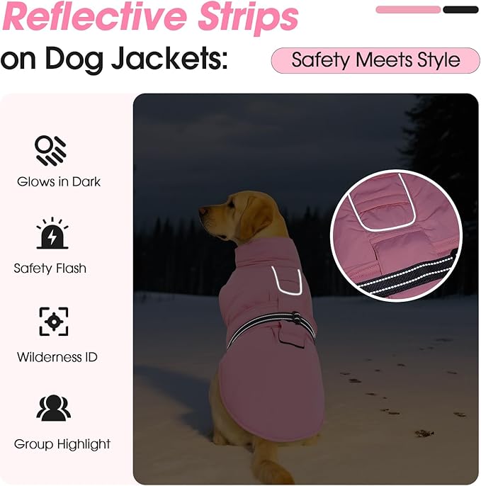 Extra Large Dog Coat, Warm Dog Winter Jacket, Waterproof Dogs Snowsuit with Foldable High Collar, Reflective Strips, Adjustable Hook & Loop Closure - Ideal for Cold Weather - Pink 4XL