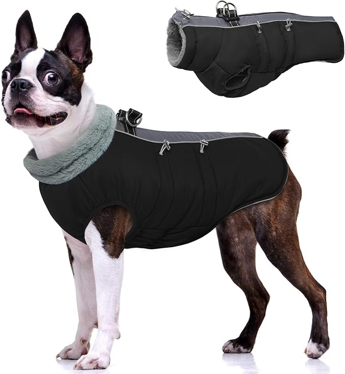 IDOMIK Warm Dog Coat with Harness, Waterproof Reflective Dog Jackets for Small Medium Large Dogs, Fleece High Collar Winter Jacket with Zipper, Pet Winter Snowsuit Clothes for Cold Weather,Black S