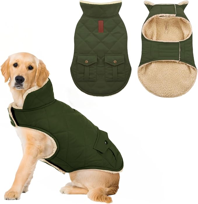 ASENKU Warm Dog Winter Coat, Waterproof Dog Coat for Cold Weather, Fleece Dogs Jacket with Ultra Thick Plush Lining Leash Hole Storage Pockets for Large Dogs (Green, Large)