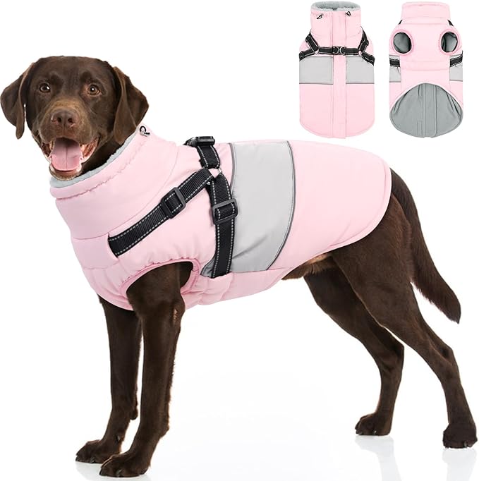SUNFURA Dog Coat, XXXL Dog Jacket Winter with Harness Built in, Waterproof Pet Snow Jacket with Furry Collar for Chilly Day, Reflective Fleece Snowsuit for Extra Large Dogs, Pink 3XL