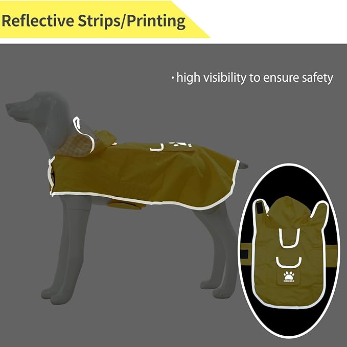MAMORE Dog Raincoat Reversible,Waterproof Dog Rain Coat Hooded Slicker Poncho with Reflective Strip, Plaid Double Layer Rain Jacket for Small Medium Large Dogs (Yellow, XX-Large)