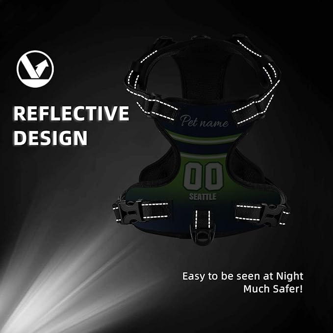 Custom Seattle Dog Harness with Reflective Stripes Personalized Name and Number Dog Vest Harness with Pet Traction Rope for Small Medium Large Dog