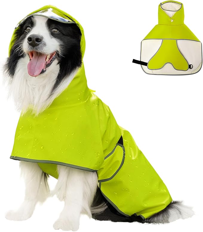 Dog Raincoat, Waterproof Windproof Dog Rain Jacket with Hood, Rain Coat with Leash Hole, Adjustable Raincoat Poncho for Small Medium Large Dogs Outdoor (Neon Yellow, X-Large)