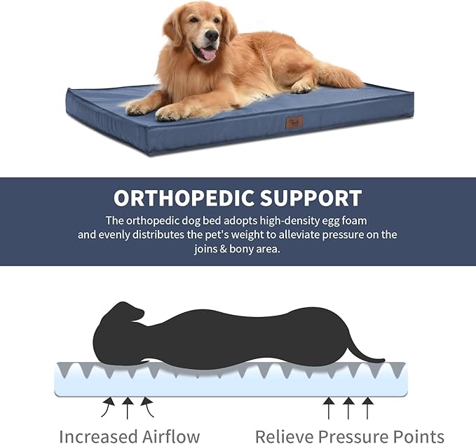 Outdoor Waterproof XL Dog Bed, Orthopedic Dog Bed for Large Dogs, Egg Crate Foam Pet Bed with Washable Removable Oxford Cooling Cover, 44x32 Inch, Navy
