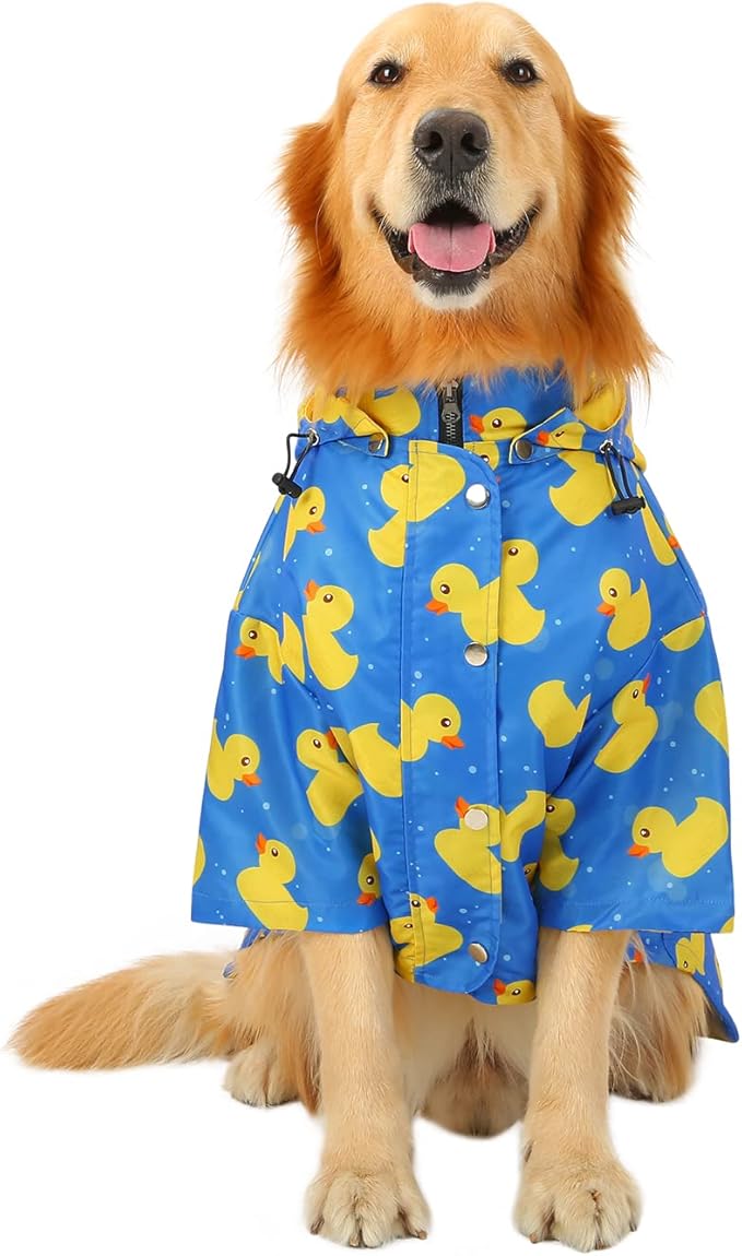 HDE Dog Raincoat Poncho Double Layer Zip Rain Jacket with Removable Hood, Leash Hole for Small to 3XL Dogs and Puppies Ducks Blue - 3XL