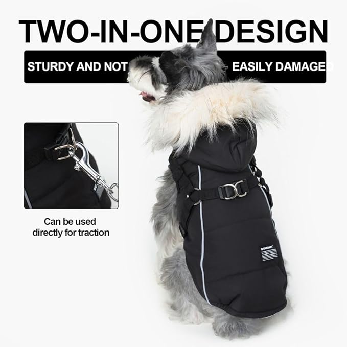 PINA Winter Coat with Waterproof Fabric, Faux Fur Hood, Reflective Strap for Small to Large Dogs, Black, S