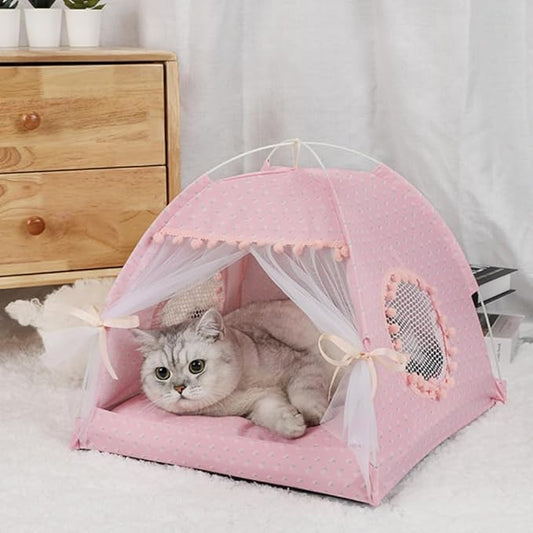 Cat Bed Tents Dog House Indoor Outdoor Lace Mesh Breathable Windows Door Curtains Removable Portable Nest Teepe House (Medium,Pink(Flower))