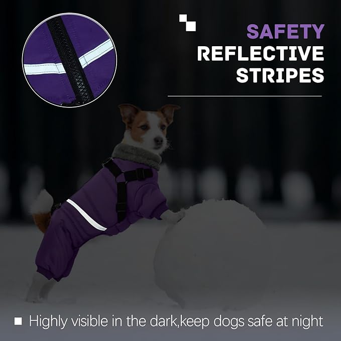 BRKURLEG Purple Dog Coat with Harness, Dog Winter Jacket, Dogs Onesie Body Warm Jackets, Small Dogs Winter Coats Reflective Windproof Warm Cold Weather Coats, Pet Waterproof Jackets, XL