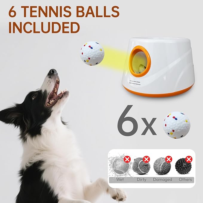 Automatic Ball Launcher for Dogs with 6pcs 2.3 Inch Etpu Tennis Balls,Thrower Distance 20-45ft,interacive Dog Toys for Indoor/Outdoor for Small Or Medium Dogs (Orange)