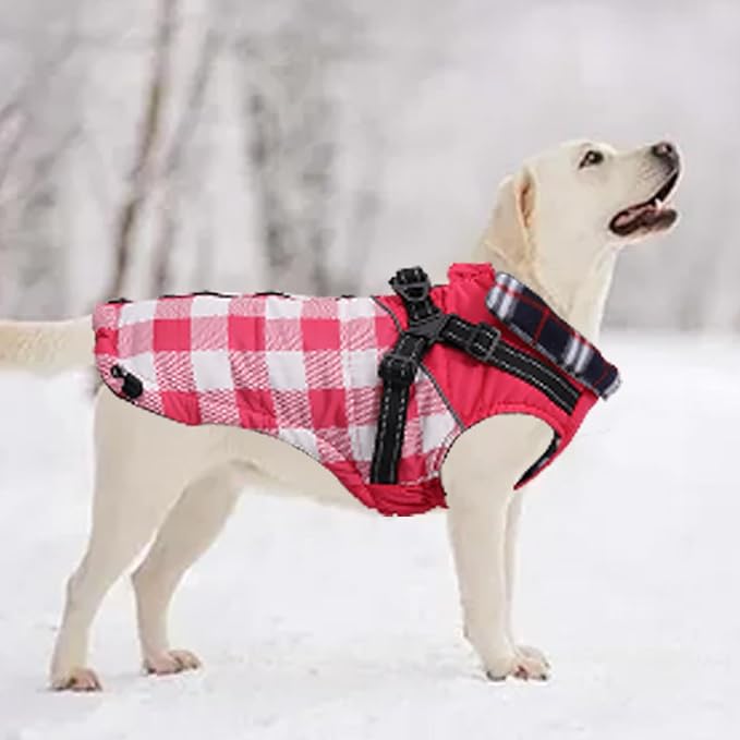 Dog Coat with Harness,Small Dog Winter Coat,Doggie Jackets with Built in Harness,Adjustable Warm Jacket for Medium Large Dogs,Pet Puppy Cold Weather Coats for Dogs Waterproof (PlaidPink, XX-Large)