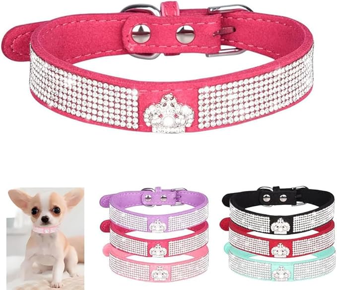 Serijoars Small Dog Collar with Rhinestone Crystal Diamond Colorful Bling Girl Puppy Cat Collars (XS, Hot Pink4)