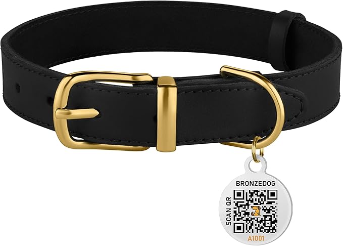 BRONZEDOG Leather Dog Collar with QR ID Tag Basic Pet Collars for Small Mini Dogs Cats Puppies (9-11 Inch (Pack of 1), Black & Gold Buckle)
