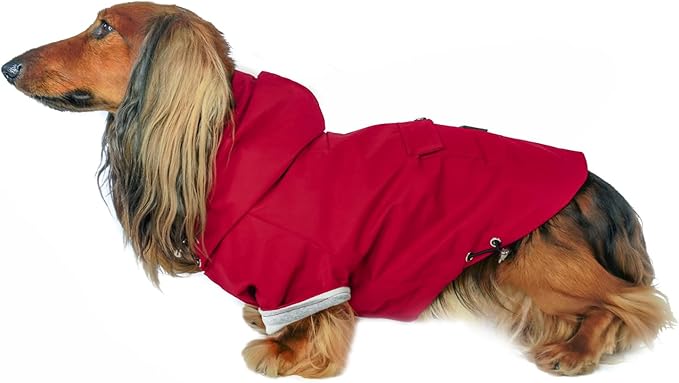 DJANGO Highland Dog Jacket & Raincoat – Water-Repellent, Lined Dog Coat with Hood, Adjustable Fit & Harness Hole – Lightweight Rain & Wind Jacket for Small & Medium Dogs up to 30 lbs (Red, Medium)