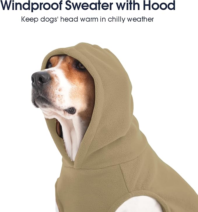 IECOii XL Dog Sweater, Pullover Hoodie for Medium Large Dogs, Warm Fleece Dog Sweatshirt with Hood for Cold Weather,Pet Winter Clothes for Dogs Girl Boy,Hooded Coat with Leash Hole, Khaki, XLarge